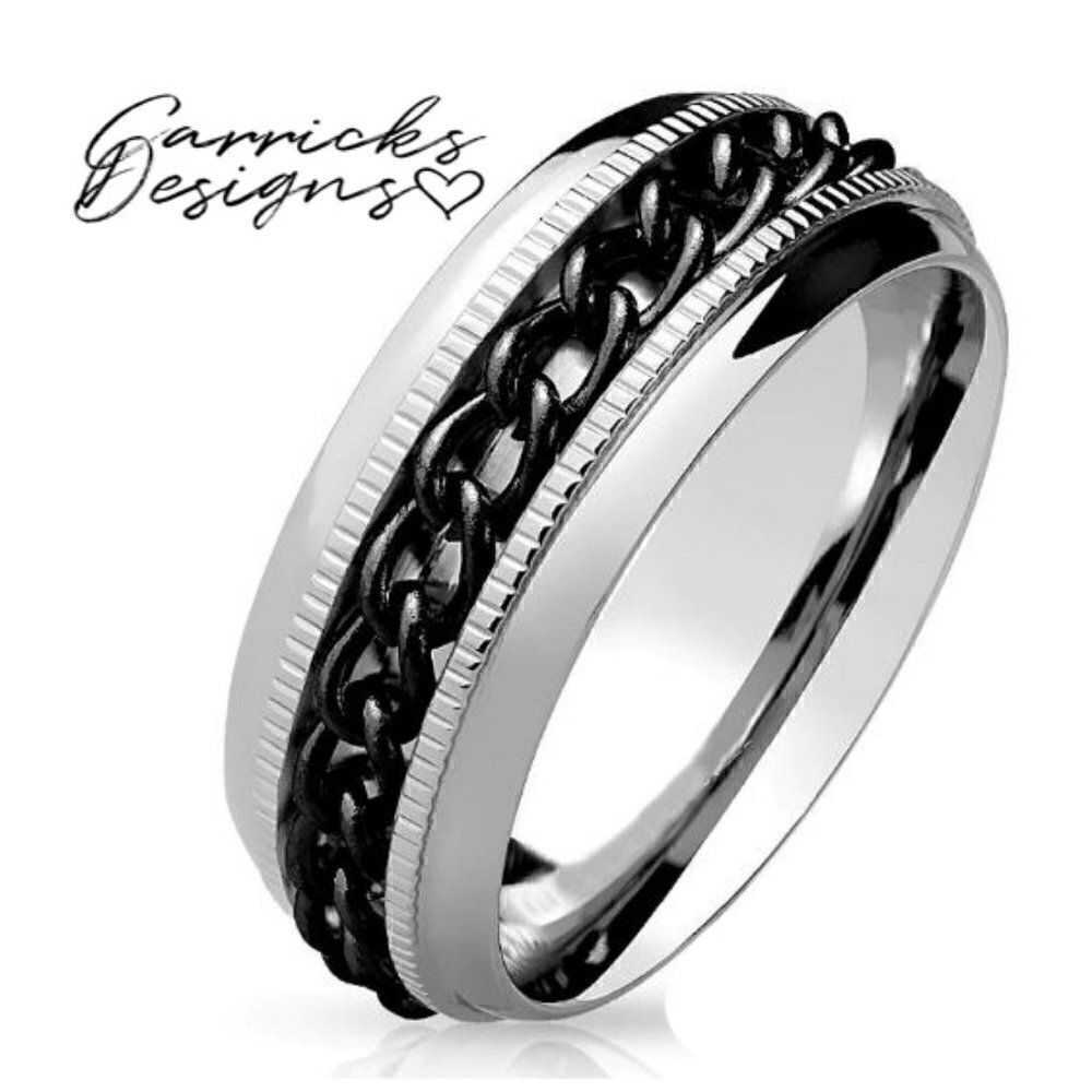 Men's Black Chain Fidget Spinner Wedding Band - Anxiety Ring for Men